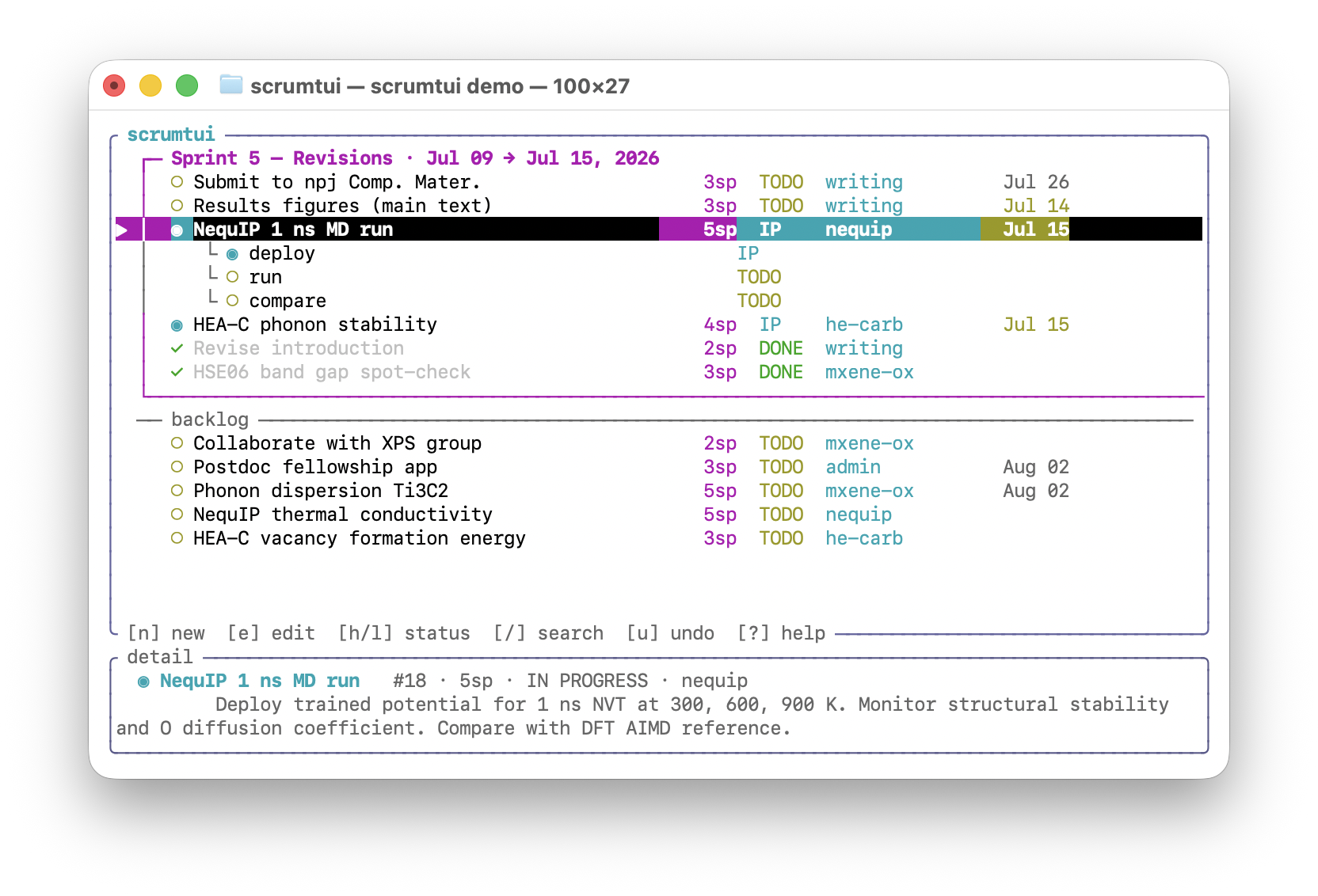 screenshot of scrumtui with sprint/backlog open